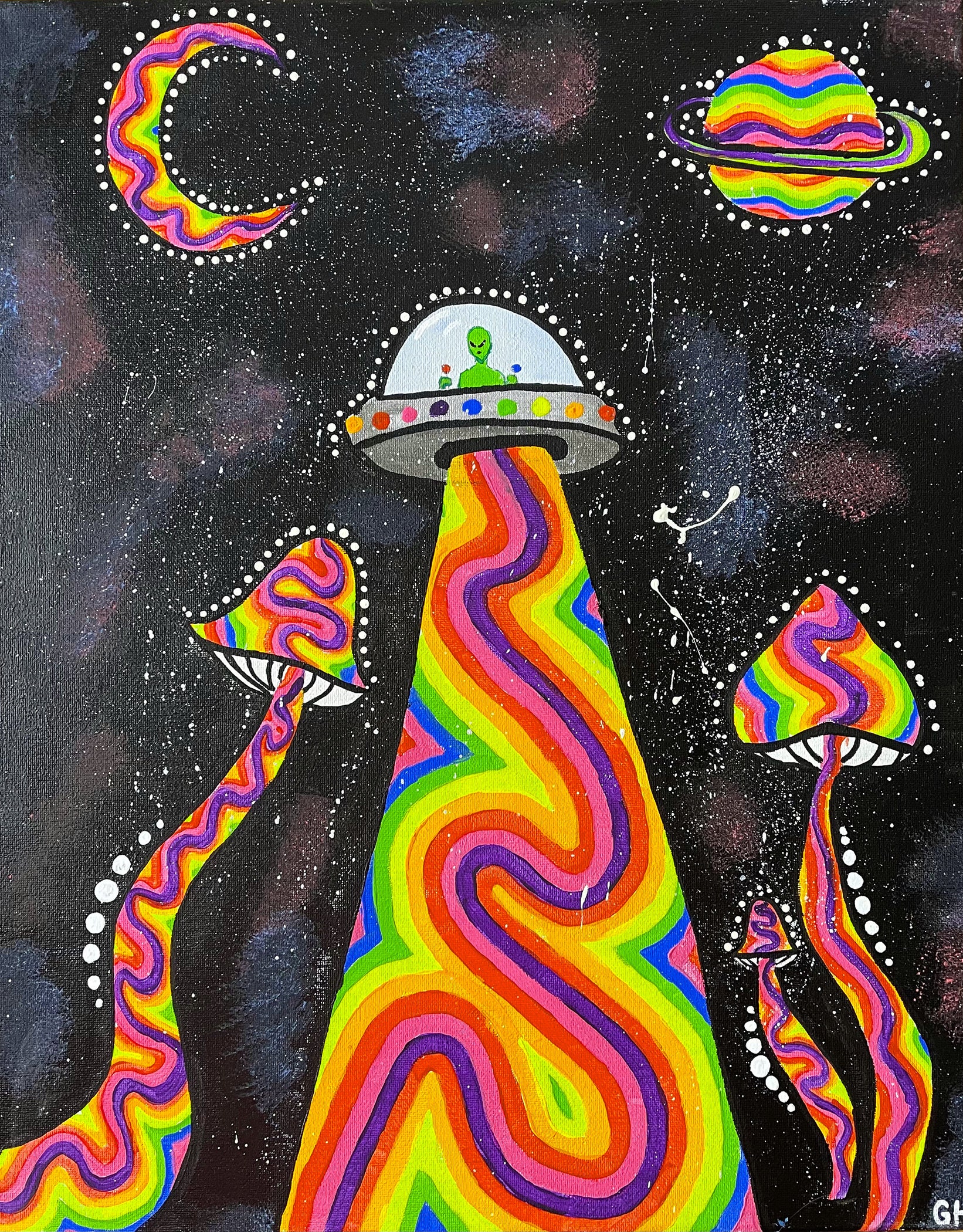 UFO Rainbow Art Alien With Mushroom and Moon UFO Eruption - Etsy