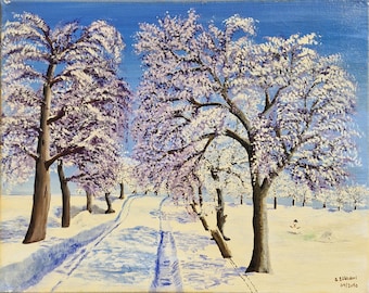 Winter Landschaft Gemälde Ölbild Original – Sonnenlicht im Schnee – Handgemalt auf Leinwand 50x40 cm - Einzelstück - kein Druck