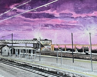 ORIGINAL * Artwork. Sunset at Petrie Station. A5. Framed or Unframed.