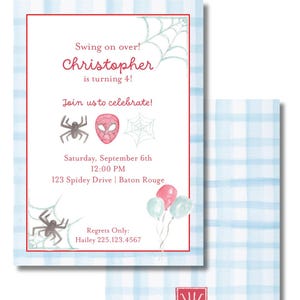 May include: A light blue and white plaid invitation with a red border. The invitation includes the text "Swing on over! Christopher is turning 4!" and party details. Spider-Man themed with spider and web graphics. Includes a matching plaid envelope.