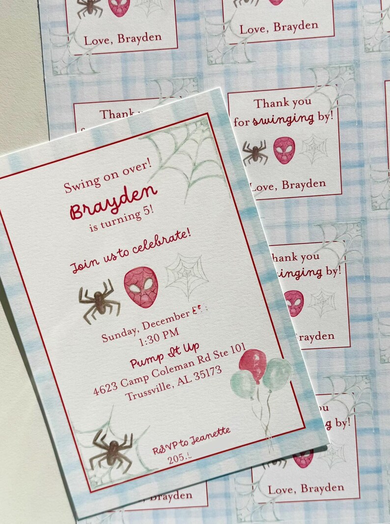 May include: Invitations for a child's birthday party. The invitation features a red and white border, with the text "Swing on over! Brayden is turning 5!" and event details. Spider-Man mask and spider web illustrations are included.