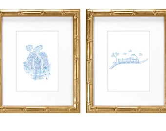 Blue Train Toile (in tunnel)- Hand Painted Watercolor Print with Mat
