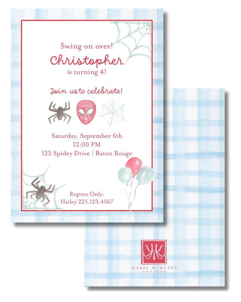 May include: A light blue and white plaid invitation with a red border. The invitation includes the text "Swing on over! Christopher is turning 4!" and party details. Spider-Man themed with spider and web graphics. Includes a matching plaid envelope.