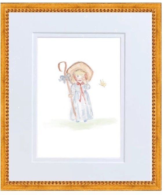 Little Bo Peep Nursery Rhyme Hand Painted Watercolor Print with Mat