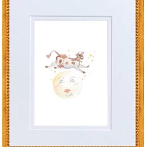 Hey Diddle Diddle- Cow and Moon Nursery Rhyme Hand Painted Watercolor Print with Mat