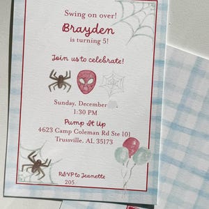 May include: A party invitation with a red border and a blue and white plaid background. The invitation includes the text "Swing on over! Brayden is turning 5!" and features spider and web illustrations.