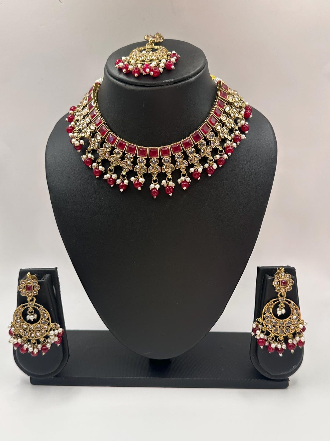 Dark Pink / Hot Rani Pink Gold Tone Necklace Set With Earrings and ...