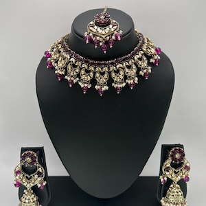 Royal onion pink or wine Kundan style  Bridal Jewelry Set, Indian Wedding Necklace Set with Earrings & Maang Tikka