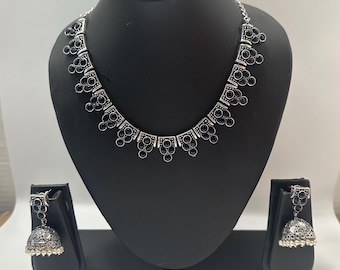Oxidized Indian Necklace Set: Black Stone Jhumka Earrings, Navratri Jewelry