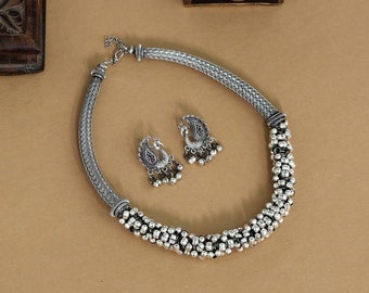 Silver Color Oxidised Necklace Set / Indian Bollywood Navtrati Oxidized Choker