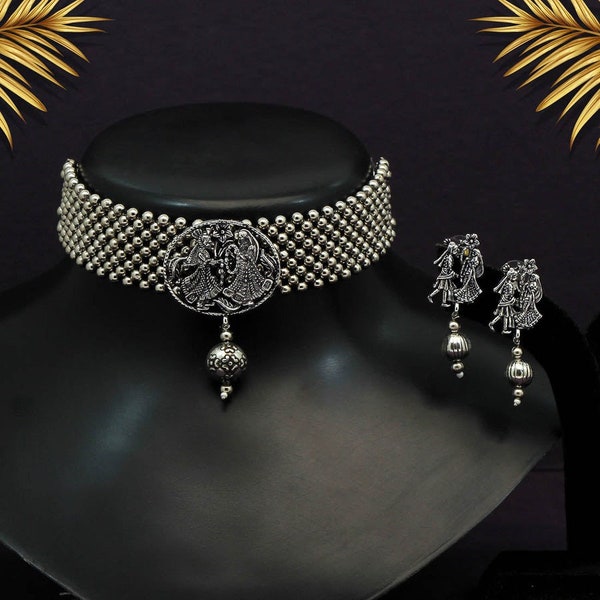 Silver Color Choker Oxidised Necklace Set / Indian Bollywood Navtrati Oxidized Choker