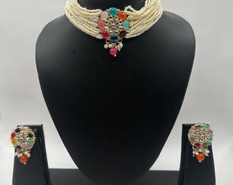 Navratna Choker Necklace Set: Multicolor Beaded Jewelry with Earrings & Mangtika