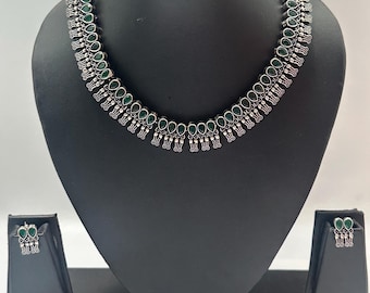Oxidized Indian Necklace Set: Green Stone Bridal Jewelry
