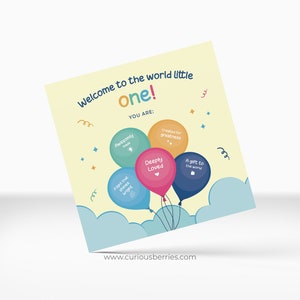 Tarjeta de bienvenida al mundo para bebé, tarjeta de felicitación para bebé recién nacido, tarjeta de deseos de amor para bebé, tarjeta de felicitaciones con globos, tarjeta para bebé recién nacido