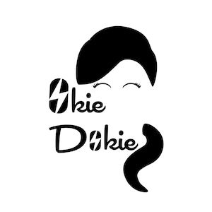 May include: A black and white graphic design featuring a stylized face with closed eyes and a curved ponytail. The text "Okie Dokie" is written in a playful font, with a lightning bolt graphic incorporated into the letters.
