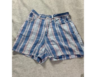 Vintage Bongo Gene Montesano blauwe geruite shorts met hoge taille, damesmaat 26