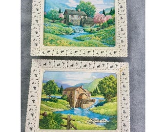 Láminas de arte vintage de Lloyd Harting Water Mill (par) con marcos de filigrana blanca Soroka