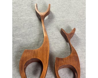 Vintage Mid Century Modern MCM Holzfiguren-Set Hirsch Giraffe Skulpturen