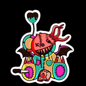 May include: A vibrant cartoon illustration of a stitched teddy bear with devil horns, wings, and a heart-shaped balloon. The bear holds a knife, has a skull, and a heart-shaped patch. The design uses bright colours.