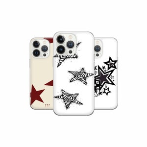 Könnte beinhalten: Drei Handyhüllen mit Sterndesigns. Eine Hülle hat einen cremefarbenen Hintergrund mit großen weinroten Sternen. Eine andere Hülle hat einen weißen Hintergrund mit schwarz-weißen Spiralsternen. Die dritte Hülle hat einen weißen Hintergrund mit schwarzen Sternen.