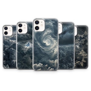 May include: Set of five clear phone cases featuring different cloud and sky designs. The designs include a swirling vortex of clouds, a starry night sky, and a cloudy sky with a bright light.