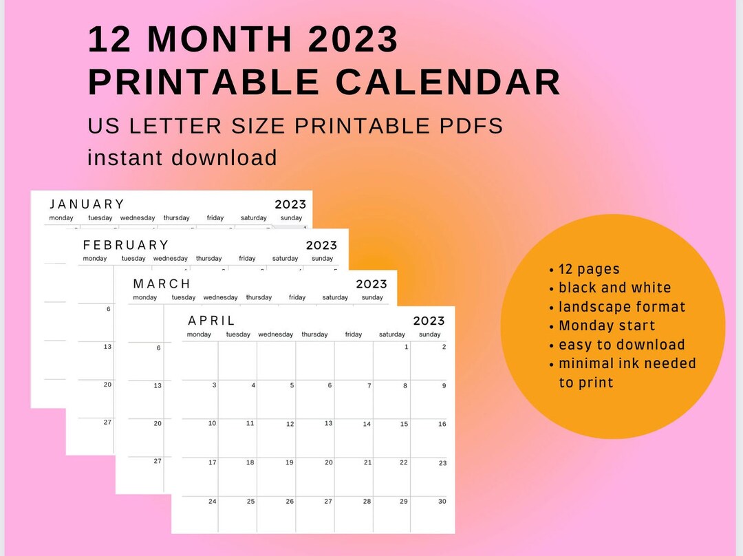 2023-printable-calendar-12-months-landscape-instant-download-black