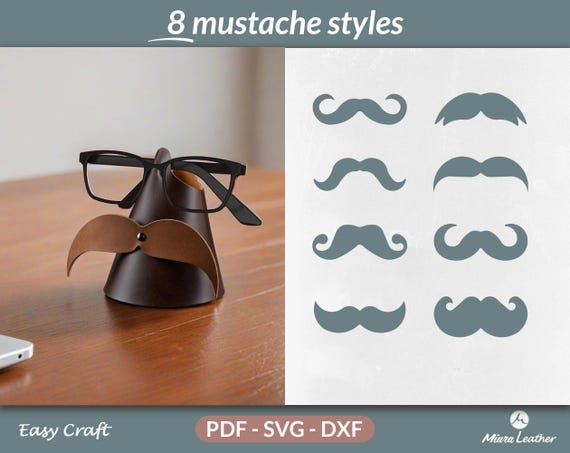 DIY Glasses Holder Stand Pattern with 8 Mustache Styles – No Stitch Leather Craft – Funny Gift for Men – PDF SVG Dxf