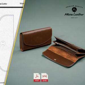 Patrón de billetera larga premium para mujer / PDF & SVG / Descarga digital / Tutorial de artesanía en cuero / Agujeros de puntada incluidos