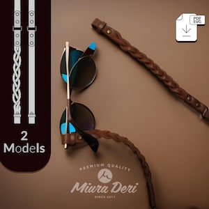 May include: Brown leather sunglasses strap and braided leather eyeglass holder. The image also shows a pair of sunglasses with gold frames and blue lenses. The text on the image says "2 Models" and "Miura Deri Since 2017".