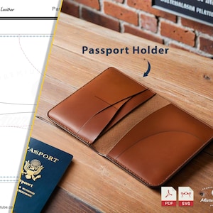 May include: A brown leather passport holder, open to show internal pockets. The text "Passport Holder" is above the holder. A blue passport is visible. The holder is on a wooden surface.