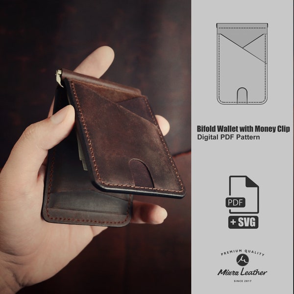 PDF & SVG Muster für Bifold Wallet mit Geldklammer | PDF Digitaler Download | Easy Leathercraft Tutorial | Mit eingenähten Löchern