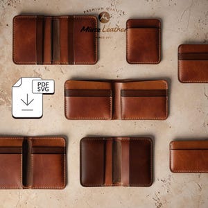 Op de afbeelding: Een collectie bruin lederen portemonnees en kaarthouders in diverse stijlen. De afbeelding toont onder andere bifold portemonnees en kaarthouders. De afbeelding bevat ook een PDF SVG-pictogram en de tekst "Miara Leather Since 2017".