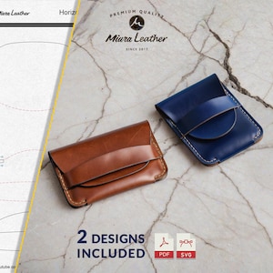 May include: Two leather cardholders, one brown and one blue, are displayed on a marble surface. The brown cardholder has a flap closure, while the blue one features a strap. The image includes the text "2 DESIGNS INCLUDED" and the Miura Leather logo.