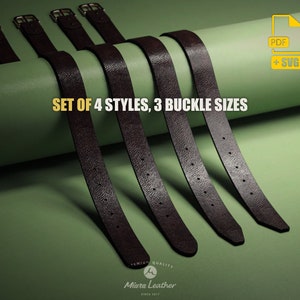 May include: Set of four brown leather belts with different buckle styles and sizes. The belts are arranged on a green surface. The text "SET OF 4 STYLES, 3 BUCKLE SIZES" is visible in the image. The text "PREMIUM QUALITY Miura Leather SINCE 2017" is also visible in the image.