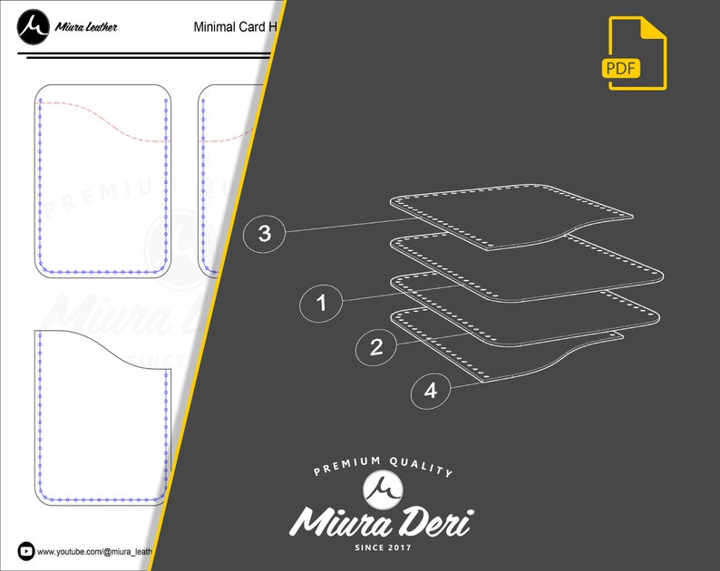 Puede incluir: Un diagrama que muestra la construcci&oacute;n de un porta tarjetas de cuero. El diagrama muestra cuatro capas de cuero, cada una con un borde curvo. Las capas est&aacute;n numeradas del 1 al 4. El texto "Minimal Card H" es visible en la parte superior de la imagen.