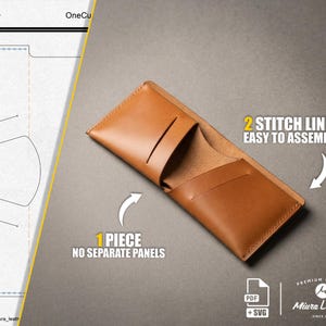 Könnte beinhalten: Ein beigefarbenes Lederportemonnaie mit einteiliger Konstruktion ohne separate Paneele und zwei Nahtlinien zur Montage. Das Bild enthält ein technisches Schnittmuster, den Text 1 PIECE NO SEPARATE PANELS und 2 STITCH LINES EASY TO ASSEMBLE sowie das Miura Leather Branding.