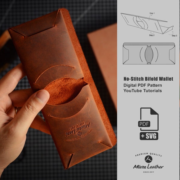 Modèle de portefeuille à deux volets en cuir sans couture | Tutoriel vidéo sur YouTube | Portefeuille DIY de style origami | Projet de maroquinerie facile | PDF