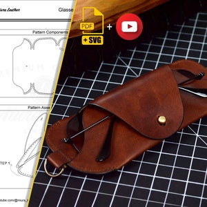 Modello PDF e SVG per custodia per occhiali, download digitale in PDF, tutorial sulla lavorazione della pelle semplice, con fori.