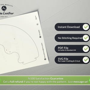 May include: A white paper with a leather pattern design, the Miura Leather logo, and text that reads "Instant Download", "No Stitching Required", "PDF File", and "SVG File". A green banner states "%100 Satisfaction Guarantee."