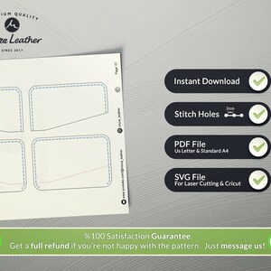 Puede incluir: Un patr&oacute;n de descarga digital para una cartera de cuero con cuatro dise&ntilde;os de bolsillo diferentes. El patr&oacute;n incluye agujeros de costura y est&aacute; disponible en formatos PDF y SVG. La imagen incluye el texto "Descarga instant&aacute;nea", "Agujeros de costura", "Archivo PDF", "Archivo SVG" y "%100 Garant&iacute;a de satisfacci&oacute;n. Obtenga un reembolso completo si no est&aacute; satisfecho con el patr&oacute;n. &iexcl;Solo env&iacute;enos un mensaje!"