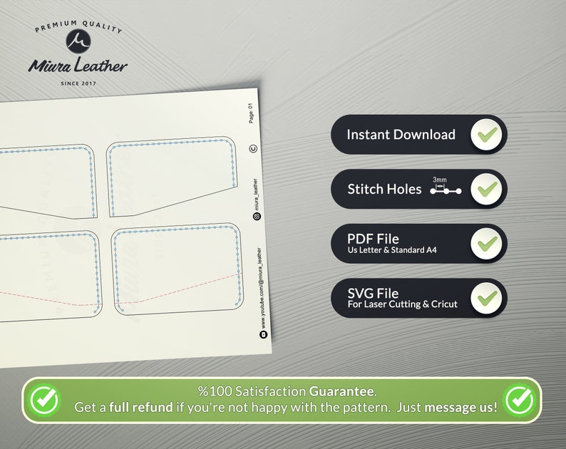 Puede incluir: Un patr&oacute;n de descarga digital para una cartera de cuero con cuatro dise&ntilde;os de bolsillo diferentes. El patr&oacute;n incluye agujeros de costura y est&aacute; disponible en formatos PDF y SVG. La imagen incluye el texto "Descarga instant&aacute;nea", "Agujeros de costura", "Archivo PDF", "Archivo SVG" y "%100 Garant&iacute;a de satisfacci&oacute;n. Obtenga un reembolso completo si no est&aacute; satisfecho con el patr&oacute;n. &iexcl;Solo env&iacute;enos un mensaje!"
