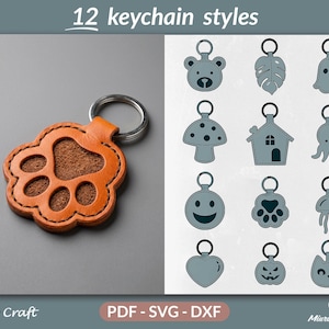 May include: A tan leather paw print keychain with a metal ring next to a digital display of 12 keychain styles including a bear, leaf, ghost, mushroom, house, octopus, smiley face, paw, jellyfish, heart, pumpkin, and cat face.