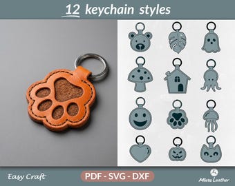 12 Leather Keychain Patterns, PDF SVG DXF Files, Cute Animal & Fun Keychains, DIy Leather Craft Pattern, Laser Cut and Cricut