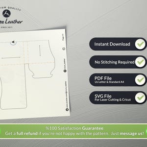K&ouml;nnte beinhalten: Ein digitaler Download-Schnittmuster f&uuml;r einen Lederflaschenhalter. Das Schnittmuster enth&auml;lt Anweisungen zum Zusammenbauen des Flaschenhalters und ist in den Formaten PDF und SVG verf&uuml;gbar. Das Bild zeigt ein Diagramm des Flaschenhalters und enth&auml;lt den Text "Sofortiger Download", "Kein N&auml;hen erforderlich", "PDF-Datei", "SVG-Datei" und "%100 Zufriedenheitsgarantie. Erhalten Sie eine volle R&uuml;ckerstattung, wenn Sie mit dem Muster nicht zufrieden sind. Schreiben Sie uns einfach eine Nachricht!"