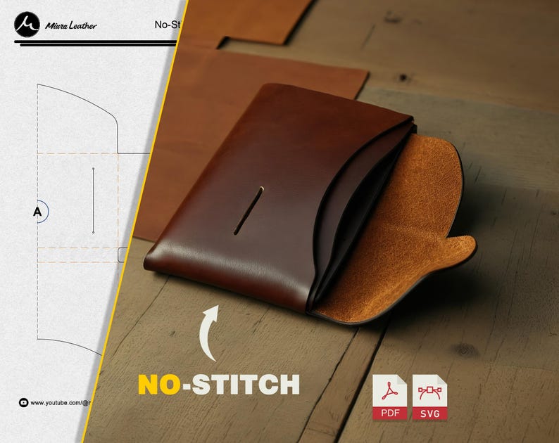 K&ouml;nnte beinhalten: Eine braune Ledergeldb&ouml;rse mit einem Klappdeckel und einer einzigen Naht. Die Geldb&ouml;rse ist ge&ouml;ffnet und zeigt ein hellbraunes Lederinnere. Das Bild enth&auml;lt den Text "No-Stitch" und ein Diagramm der Konstruktion der Geldb&ouml;rse.