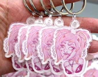 Crazy Demon Oni Girl Keychain - Pink Rope Bunny - Acrylic Keychain