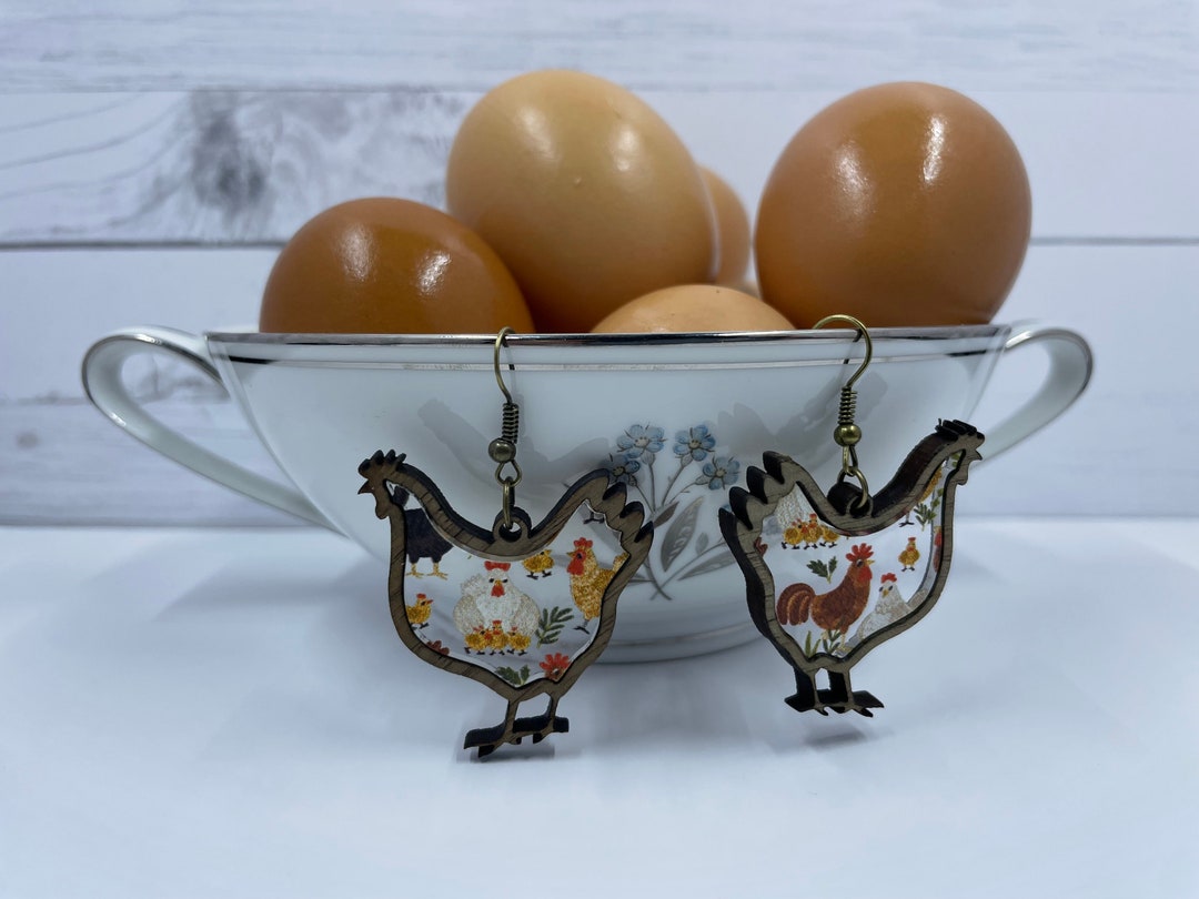 Chicken Earrings Walnut With Chicken Acrylic Inlay - Etsy