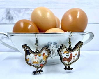 Chicken Earrings, Walnut with chicken acrylic inlay