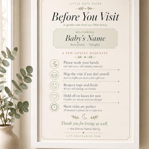May include: A framed print with the text "Before You Visit" and a list of gentle requests for visitors. The print is in a white frame and has a cream-colored background with green text.