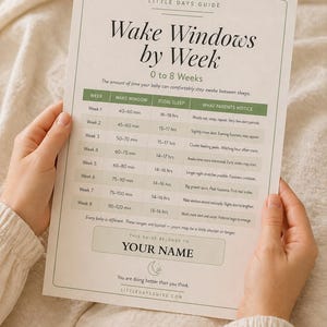 Puede incluir: Una guía "Wake Windows by Week" para bebés de 0 a 8 semanas. La tabla detalla las ventanas de vigilia, el sueño total y lo que los padres pueden notar cada semana. Incluye un espacio para escribir "YOUR NAME".